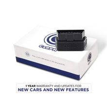 Load image into Gallery viewer, GaragePro OBD-II adapter placed on top of a branded box, highlighting a 1-year warranty and updates for new cars and features.