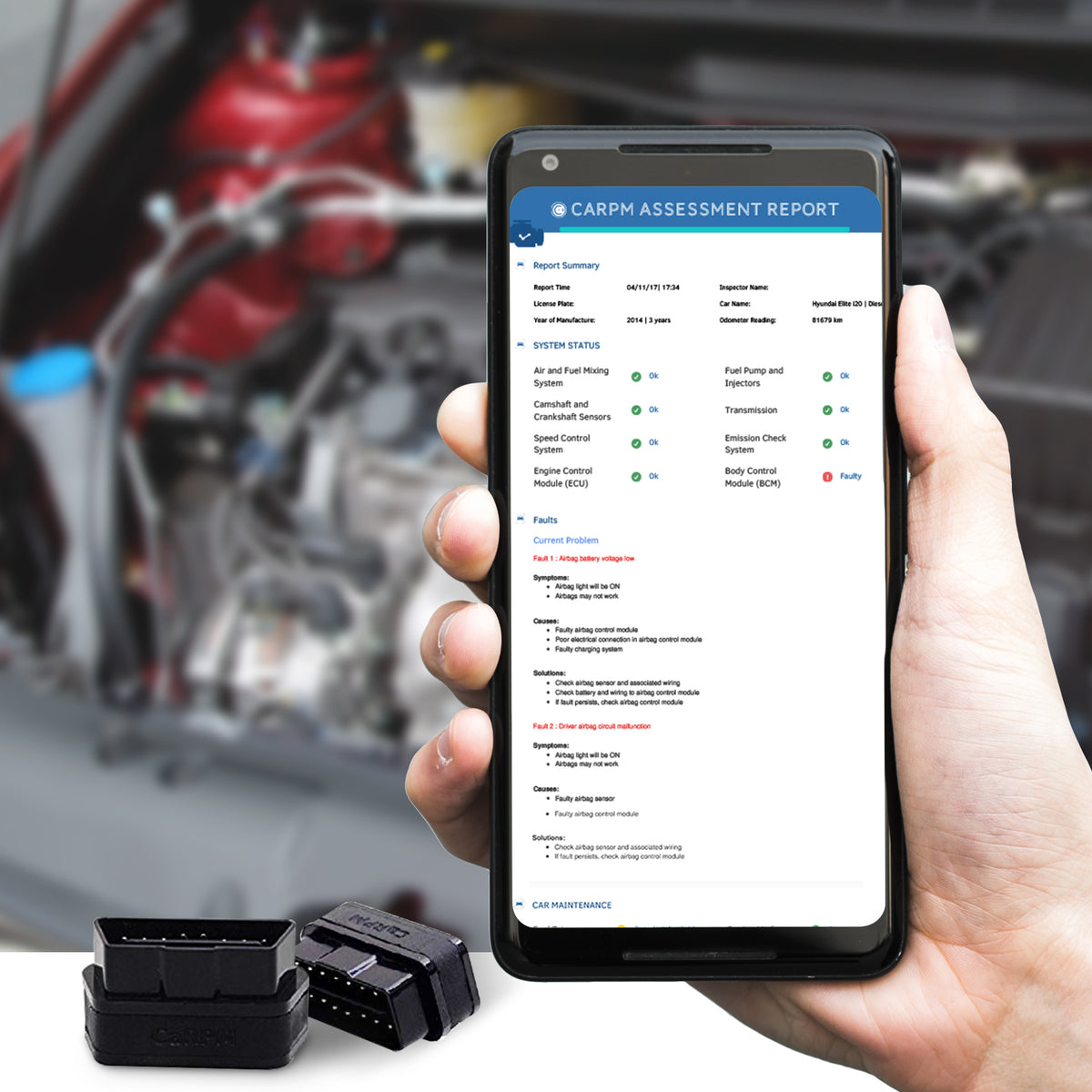 Person holding a smartphone displaying a detailed car assessment report from the GaragePro app, with OBD-II adapters visible and a car engine in the background.