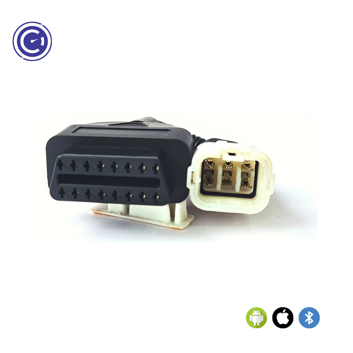 Close-up of GaragePro OBD connector cable pins for Bajaj bikes. Compatible with Android, iOS, and Bluetooth for diagnostics.