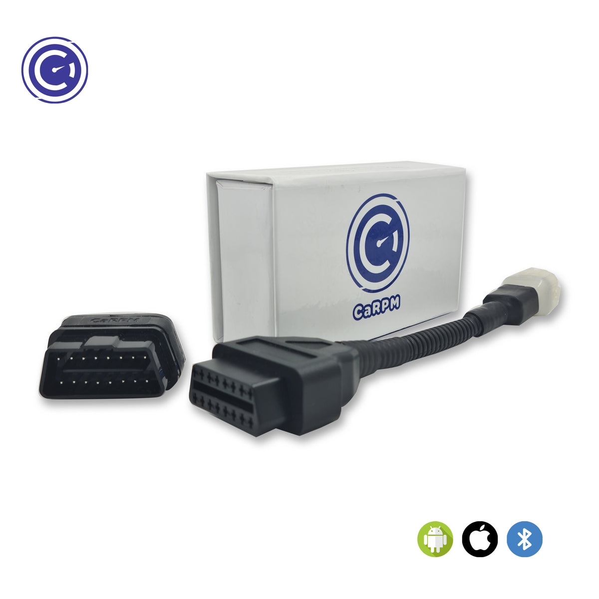 GaragePro OBD Scanner with Bajaj connector cable and packaging. Compatible with Android, iOS, and Bluetooth for Bajaj bikes.