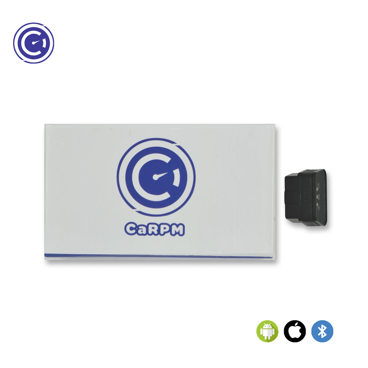 GaragePro CarPM OBD scanner packaging alongside the compact OBD2 device. The image showcases the product box with the CarPM logo, emphasizing its compatibility with Android, iOS, and Bluetooth for vehicle diagnostics.