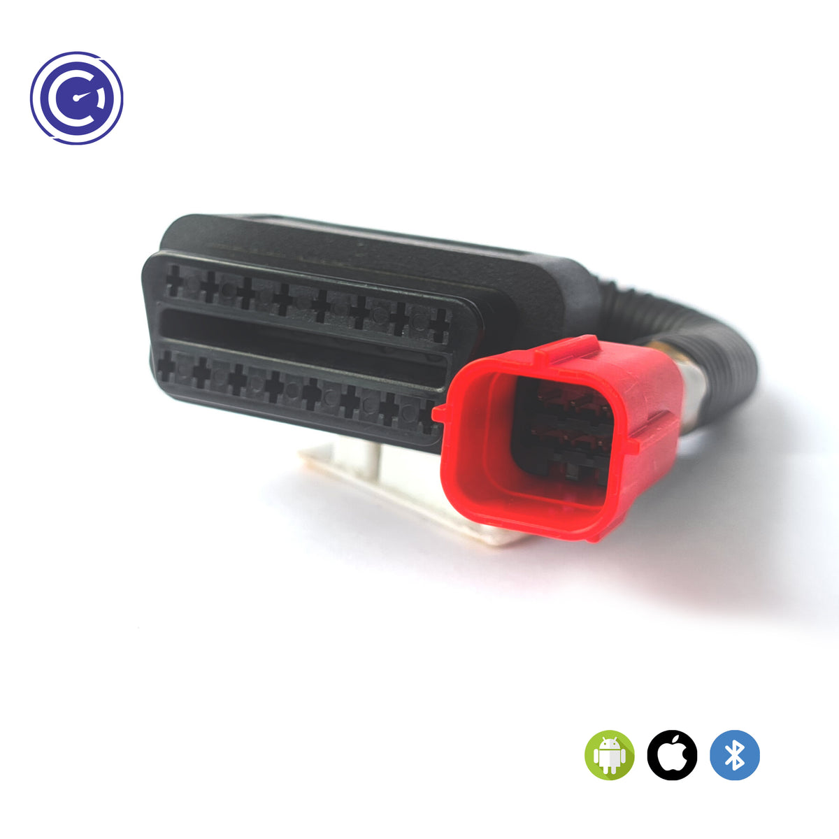 Close-up of the GaragePro Honda OBD connector cable showing the red pin layout. Compatible with Android, iOS, and Bluetooth.