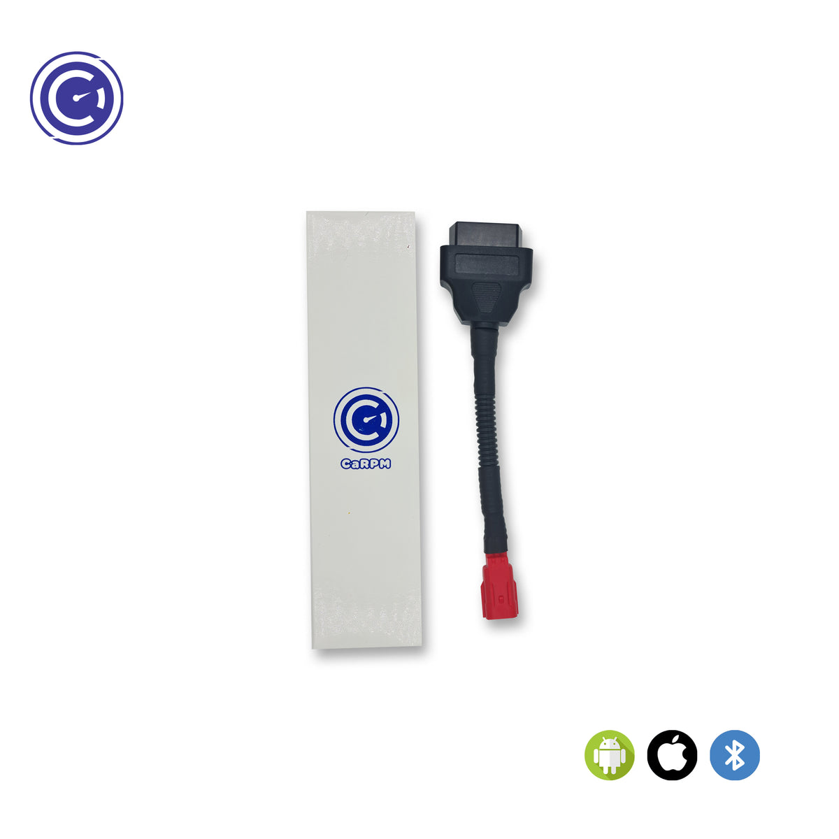 GaragePro Bike OBD Scanner with Honda connector cable displayed alongside product packaging. The red Honda connector and OBD2 device are compatible with Android, iOS, and Bluetooth, designed for precise diagnostics and performance tracking on Honda motorcycles.