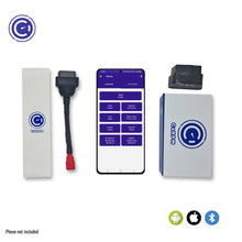 Load image into Gallery viewer, GaragePro Bike OBD Scanner with Honda connector cable, showing the app interface on a smartphone. Compatible with Android, iOS, and Bluetooth.
