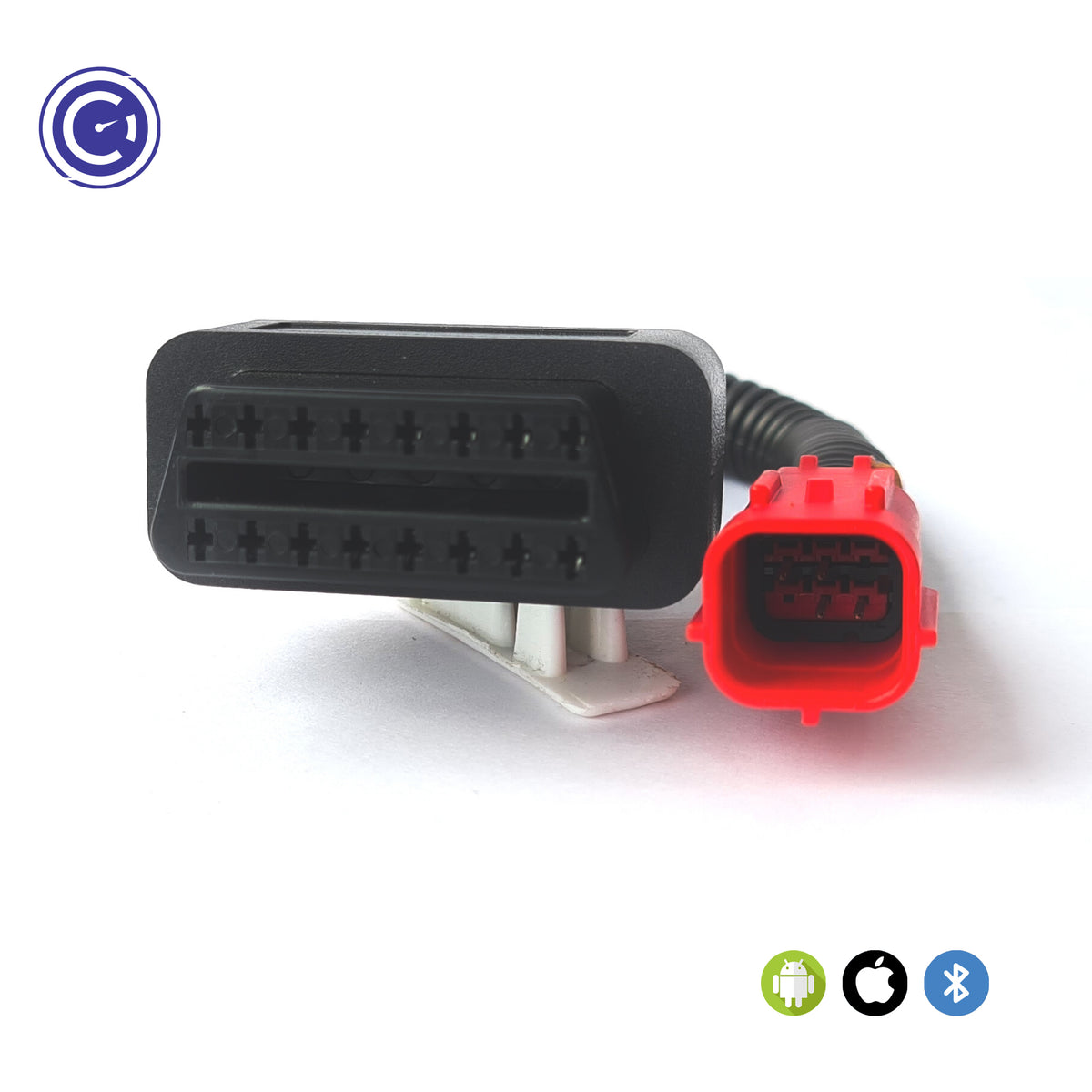 Close-up of the GaragePro KTM OBD connector cable pins. Compatible with Android, iOS, and Bluetooth for KTM bikes.