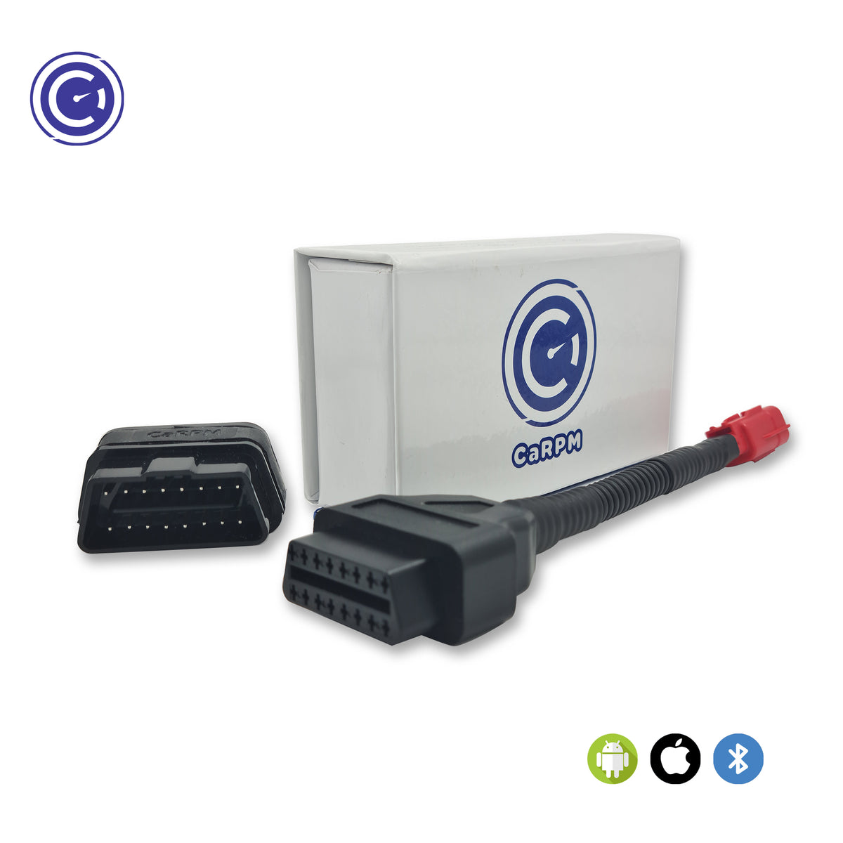 GaragePro OBD Scanner with KTM connector cable and packaging. Compatible with Android, iOS, and Bluetooth for KTM motorcycles.