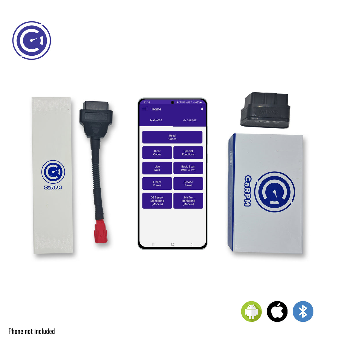 GaragePro OBD scanner with KTM connector cable, showing the app interface on a smartphone. Compatible with Android, iOS, and Bluetooth.