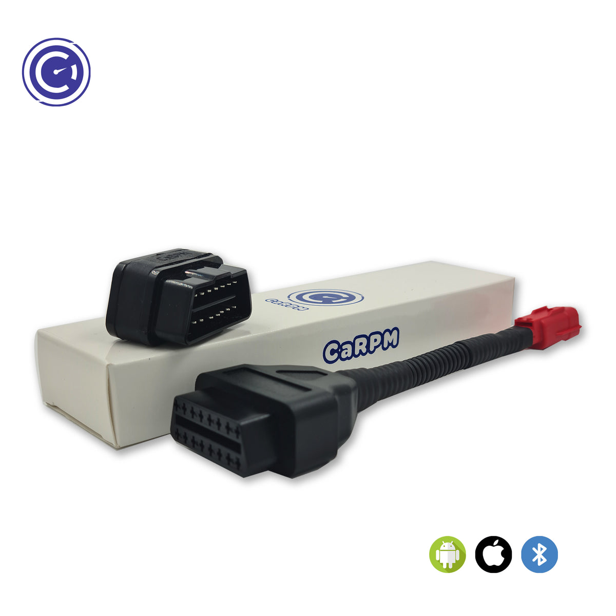 GaragePro OBD Scanner with KTM connector cable and packaging. Compatible with Android, iOS, and Bluetooth for KTM motorcycles.