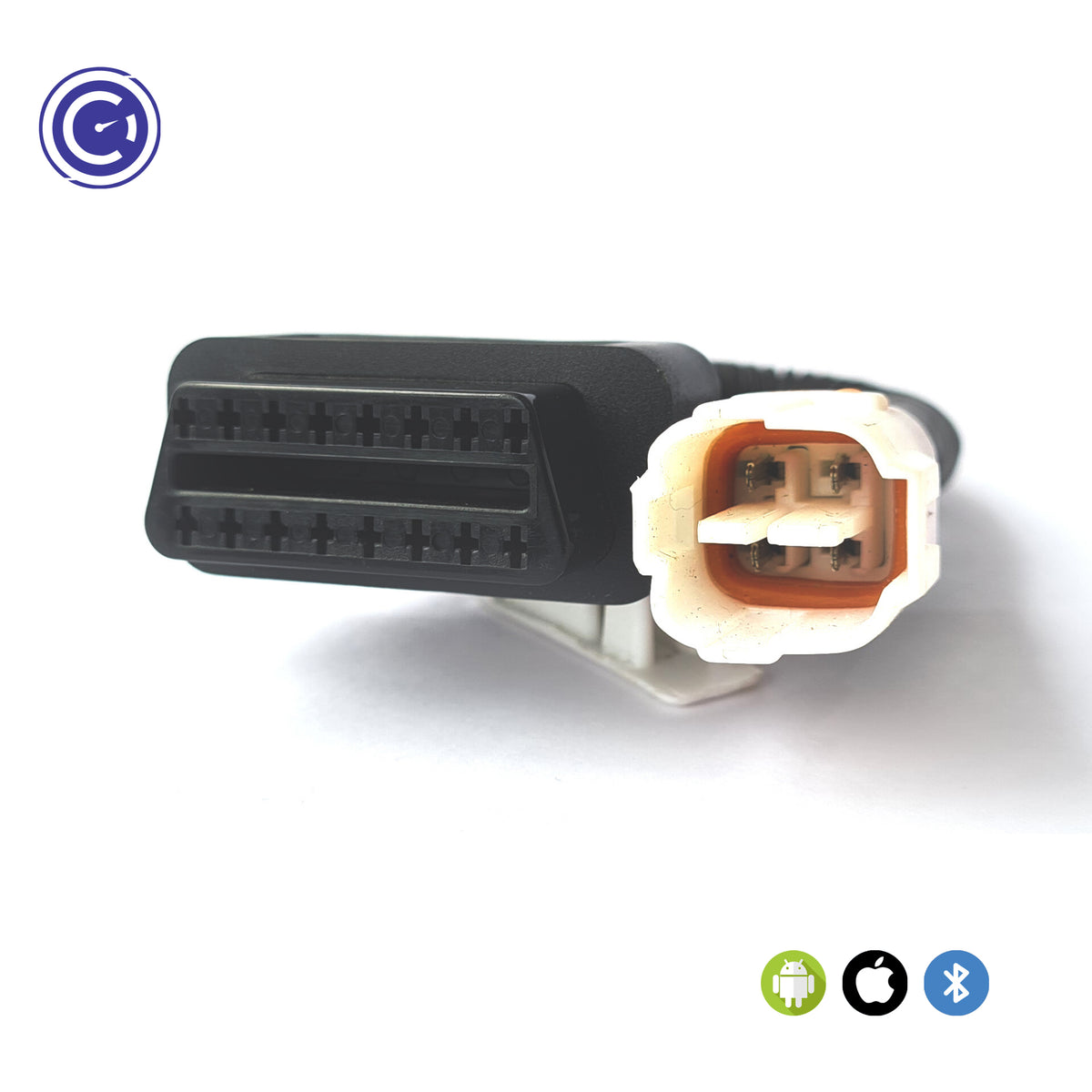 Close-up of the GaragePro Yamaha OBD connector cable showing the red pin layout. Compatible with Android, iOS, and Bluetooth.