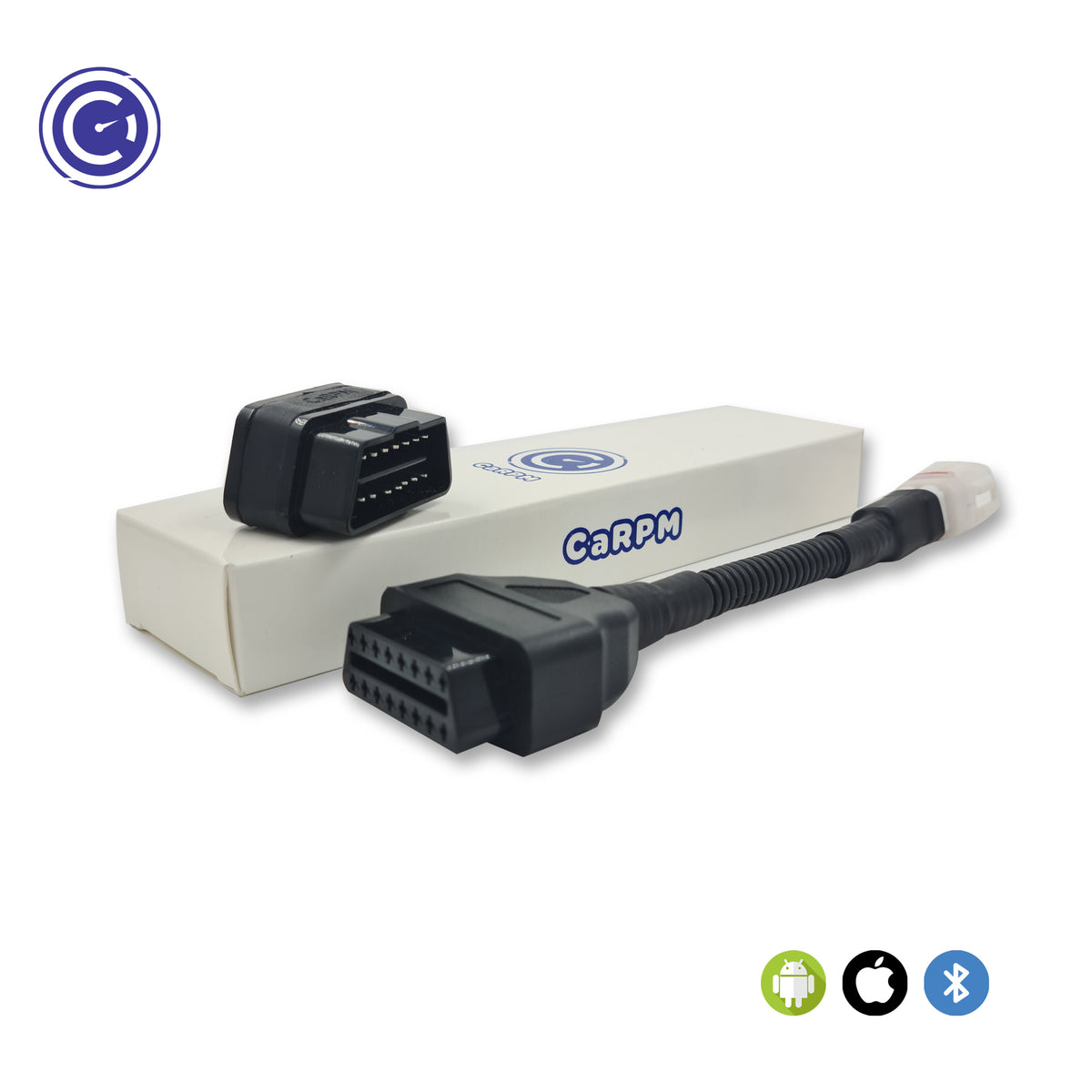 GaragePro OBD Scanner with Yamaha connector cable and packaging. Compatible with Android, iOS, and Bluetooth for Yamaha motorcycles.