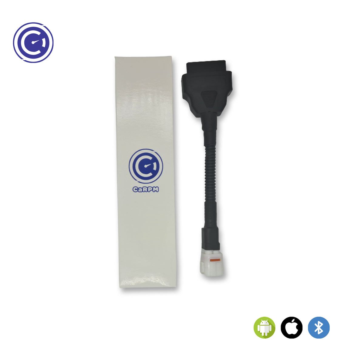 GaragePro OBD connector cable for Yamaha bikes with packaging. Compatible with Android, iOS, and Bluetooth.