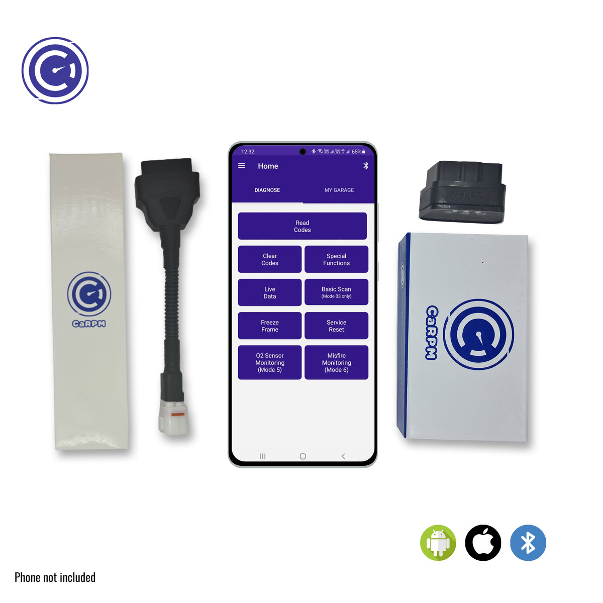 GaragePro Bike OBD Scanner with Yamaha connector cable, showing the app interface on a smartphone. Compatible with Android, iOS, and Bluetooth.