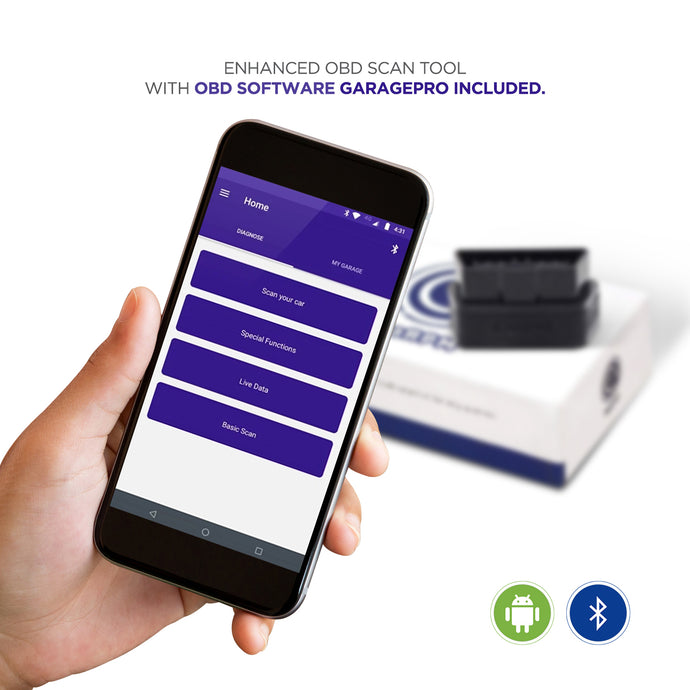 Person holding a smartphone displaying the GaragePro OBD scanning app, with GaragePro OBD-II adapter and Android/Bluetooth icons visible.