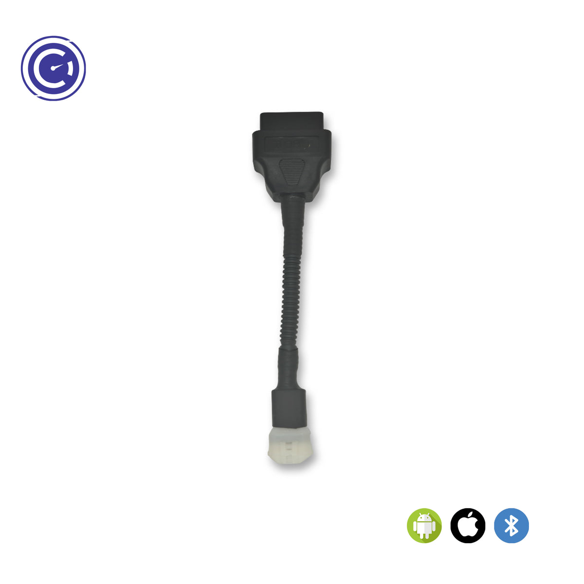 GaragePro Bajaj connector cable displayed with packaging. Compatible with Android, iOS, and Bluetooth.