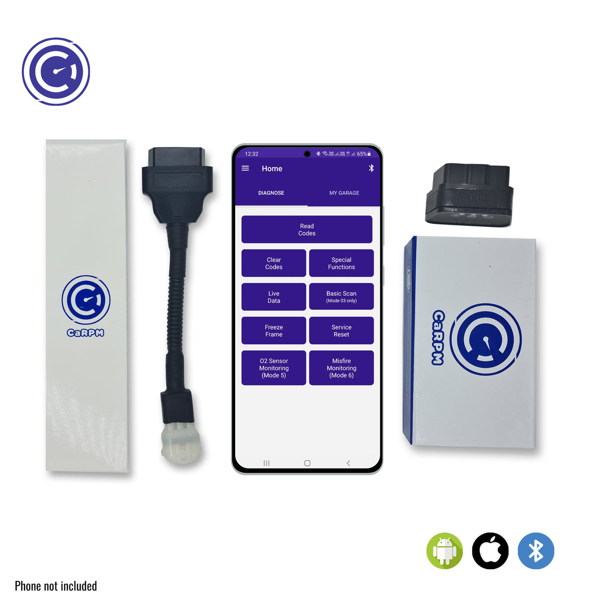 GaragePro Bike OBD Scanner set with Hero connector cable, smartphone displaying the GaragePro app interface, and product packaging. The setup shows compatibility with Android, iOS, and Bluetooth for motorcycle diagnostics and performance tracking on Hero bikes.