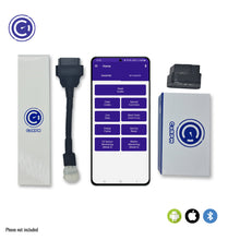 Load image into Gallery viewer, GaragePro Bike OBD Scanner set with Hero connector cable, smartphone displaying the GaragePro app interface, and product packaging. The setup shows compatibility with Android, iOS, and Bluetooth for motorcycle diagnostics and performance tracking on Hero bikes.
