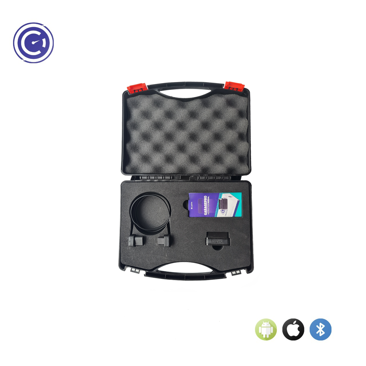 Top view of the open GaragePro OBD scanner box showing the scanner, cable, and user manual.