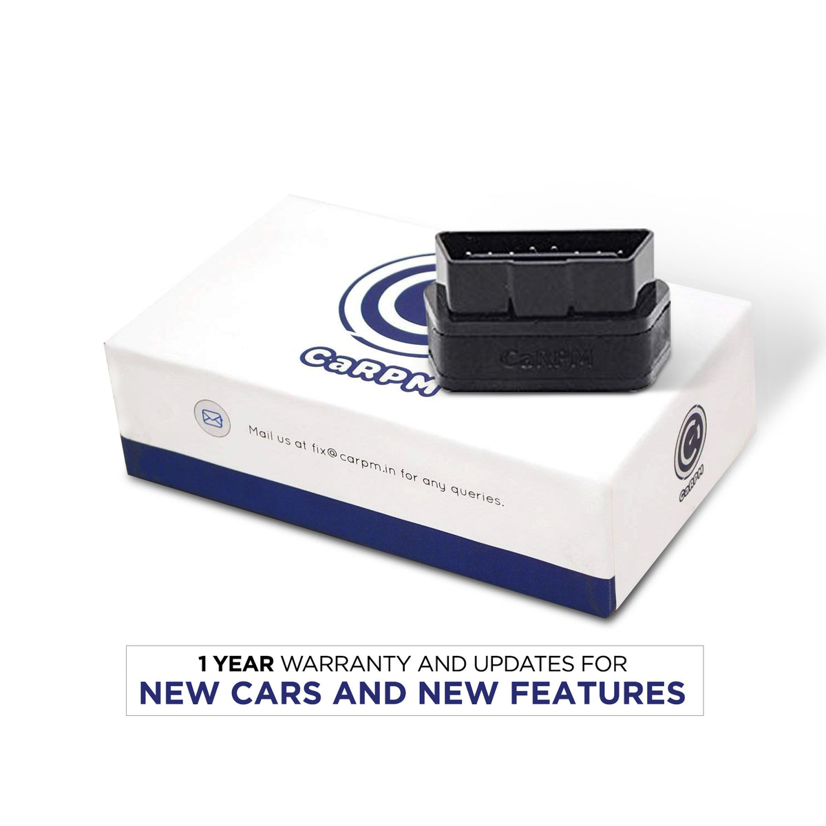 GaragePro OBD-II adapter placed on top of a branded box, highlighting a 1-year warranty and updates for new cars and features.