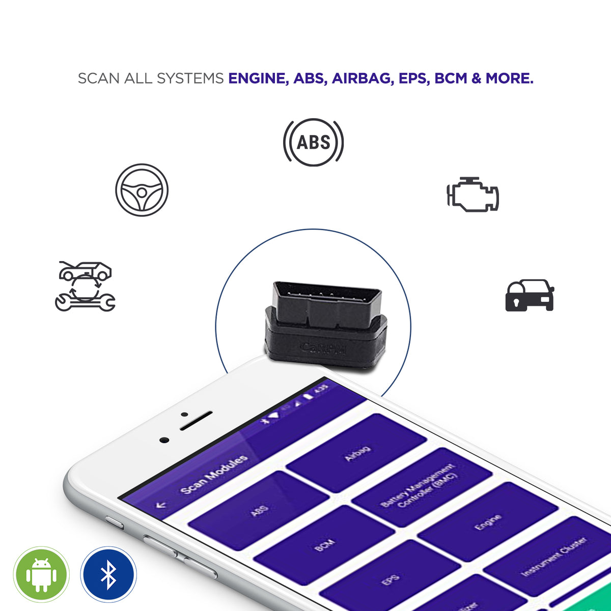GaragePro OBD-II adapter displayed with a smartphone running the GaragePro app, showcasing various system modules like ABS, airbag, and engine with corresponding icons.