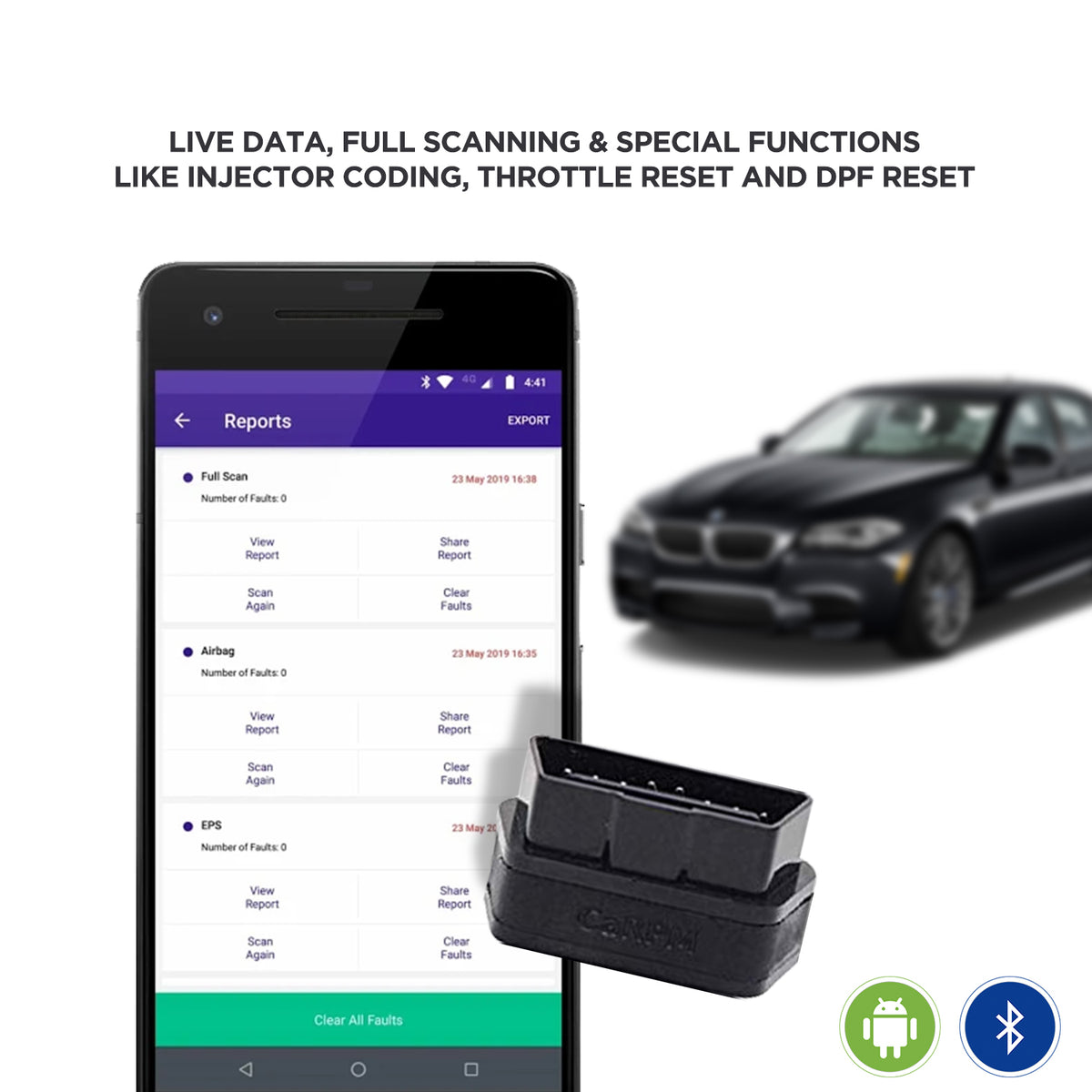 Smartphone showing the GaragePro app with options for full scan, airbag, and EPS diagnostics, alongside GaragePro OBD-II adapter and a car in the background.