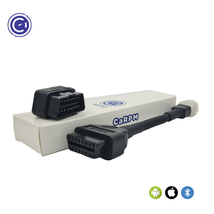 GaragePro Bike OBD Scanner with connector cable, showing the compact OBD2 device and its flexible connector cable. The device is compatible with Android, iOS, and Bluetooth, displayed with respective icons, and designed for real-time bike diagnostics and performance tracking.