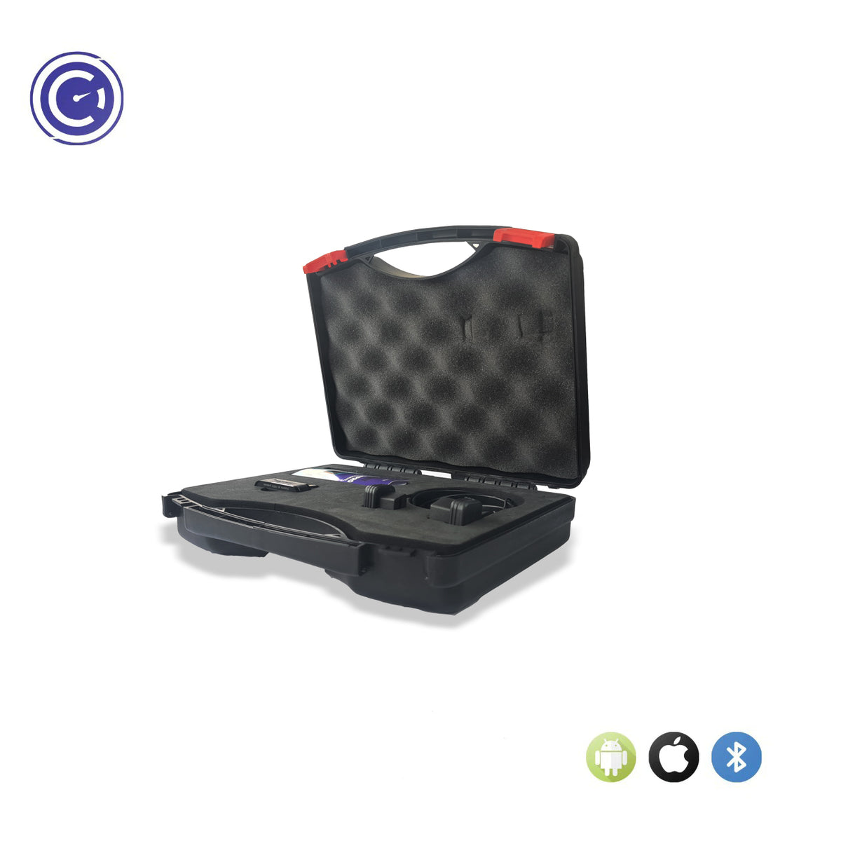 The GaragePro OBD scanner box open, displaying the diagnostic tools inside.