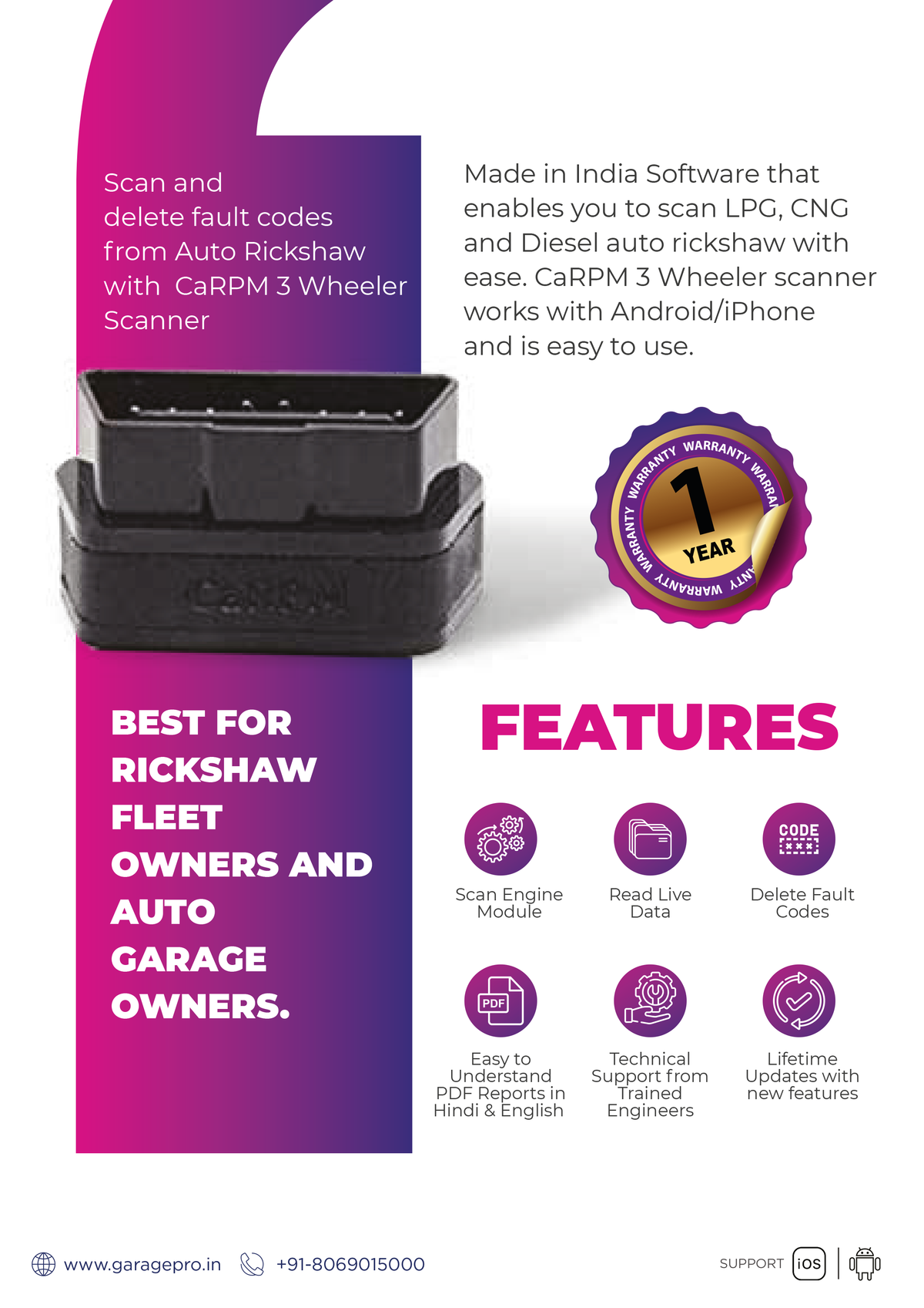 GaragePro OBD Scanner for three Wheelers